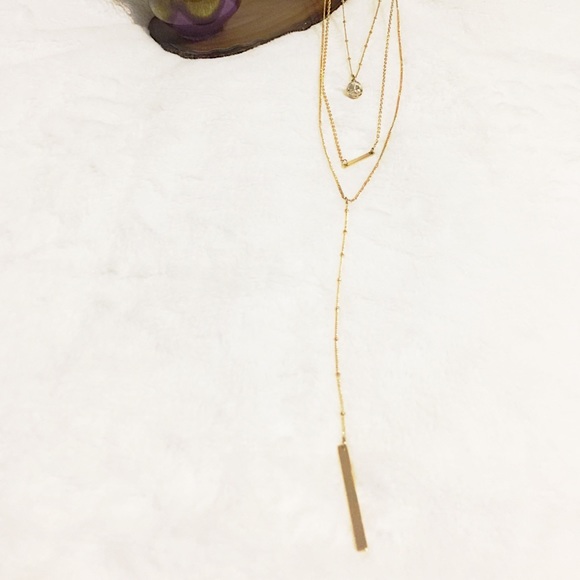 Stylish 3-Tier Layered Golden Tone Bar+Crystal Teardrop Pendant, Long Necklace - Picture 6 of 16